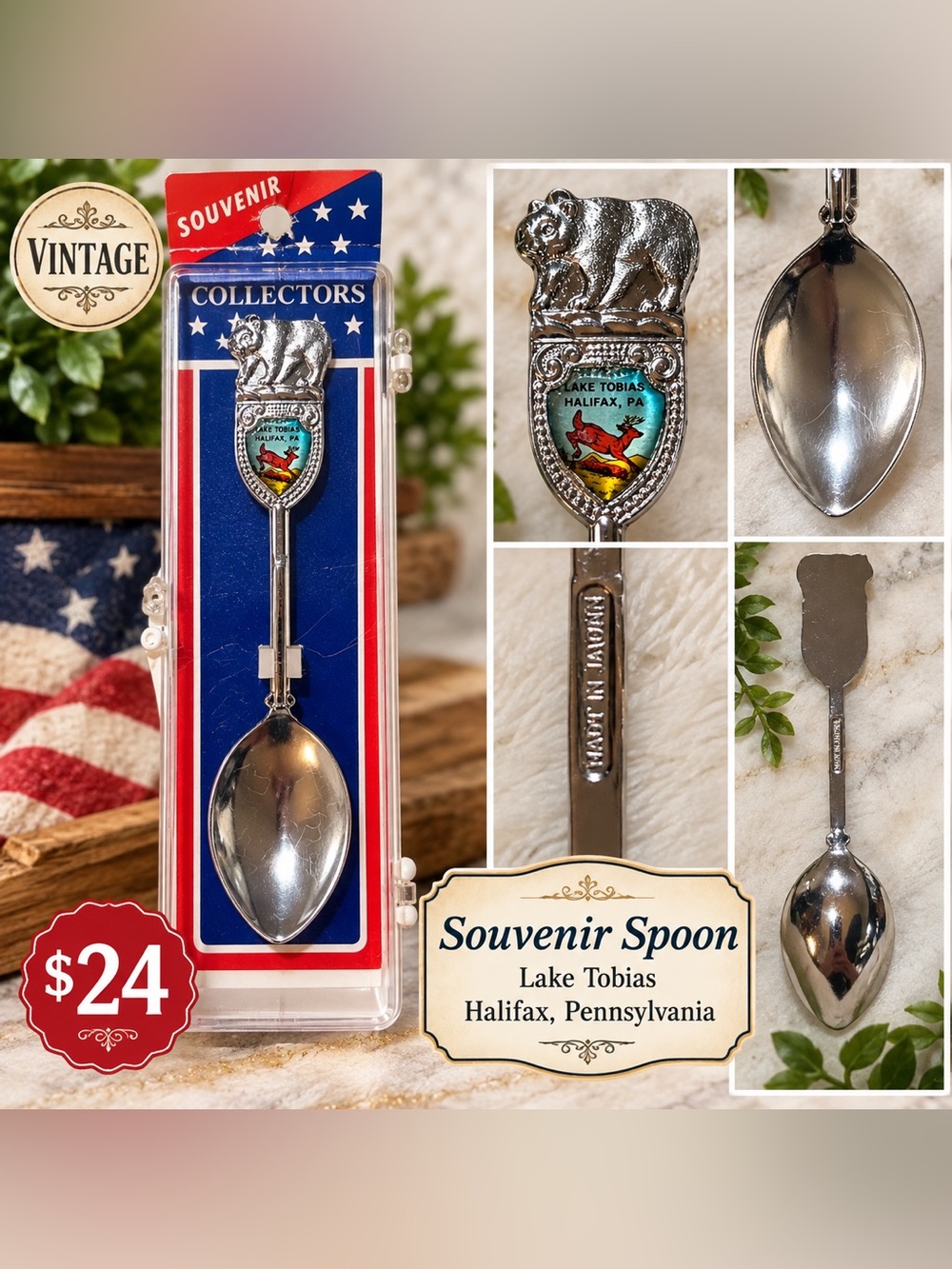 Lake Tobias Halifax Pennsylvania Bear Souvenir Spoon Silver & Blue
